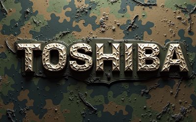logotipo de camuflaje toshoba, 4k, creativo, fondo de camuflaje, marcas electrónicas, logotipo militar de toshiba, camuflaje verde, logotipo de toshiba 3d, marcas, obra de arte, logo de toshiba, toshiba