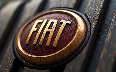 Fiat logo, 4k, creative art, Fiat 3d brown wooden logo, black wooden backround, Fiat 3d logo, Fiat, 3d Fiat emblem