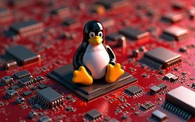logotipo linux, 4k, inscrição 3d linux, linux 3d logotipo, placa  mãe vermelha, emblema linux, red hi tech background, linux, 3d linux penguin