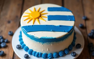 Uruguay flag painted on cake, 4k, Uruguay flag, baking, Uruguay, cake with berries, flag of Uruguay, cake with the Uruguay flag, cake like Uruguay flag