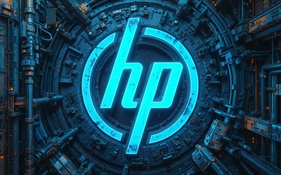 4k, logo di hewlett packard blue neon, fabbrica, bokeh, sfondo blu brickwall, marchi, creativo, logo di hewlett packard neon, logo hp, logo hewlett packard, logo 3d di hewlett packard, hewlett packard