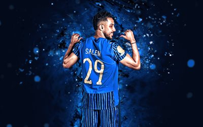 4k, Salem Aldawsari, back view, blue neon lights, Al Hilal, Saudi Professional League, Saudi Arabian footballers, Salem Aldawsari 4K, football, soccer, Al-Hilal SFC, Salem Mohammed Shafi Al-Dawsari, Al Hilal Saudi Club, Al Hilal SFC, Salem Aldawsari Al Hilal