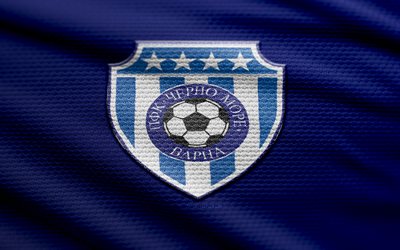 cherno mer varna tyglogo, 4k, blå tygbakgrund, parva liga, bokhög, fotboll, cherno more varna  logotyp, cherno more varna emblem, bulgarien, pfc cherno more varna, bulgarisk fotbollsklubb, cherno mer varna fc