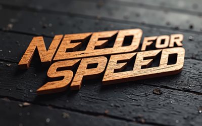 Need For Speed logo, 4k, creative art, Need For Speed 3d brown wooden logo, black wooden backround, Need For Speed 3d logo, Need For Speed, 3d Need For Speed emblem