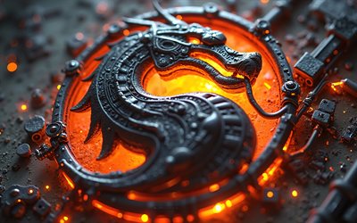 logotipo 3d mortal kombat, luces de neón naranja, emblema de metal mortal kombat, signo mortal kombat, logotipo mortal kombat, arte creativo, kombat mortal