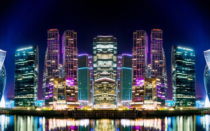 Moskova, gece, gökdelenler, panorama, iş merkezi, Rusya