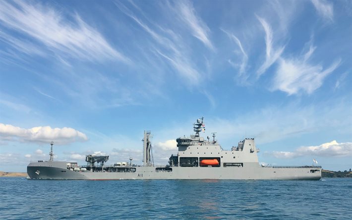 hmnzs aotearoa, marina real de nueva zelanda, barco auxiliar, buques de guerra, paisaje marino, nueva zelanda