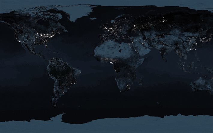 gecelik dünya haritası, 4k, gri dünya haritası, gece dünya, dünya haritası kavramları, yaratıcı, dünya haritaları