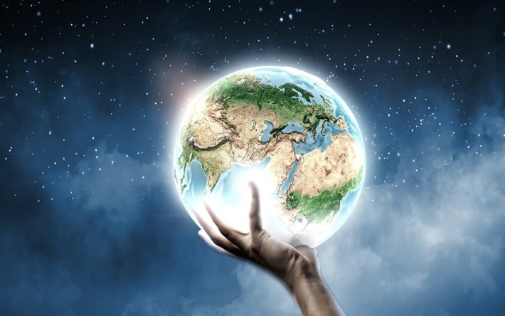 Globe in hand, creative, Earth in hand, artwork, 3D art, globes, Earth, ecology concepts, ecology