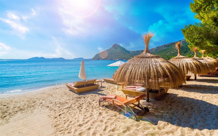 mallorca, beach, deck chairs, balearic islands, mediterranean sea, coast, seascape, summer travel, spain