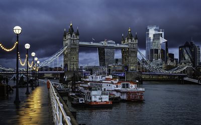 Tower Bridge, London, evening, rain, Thames river, modern buildings, skyscrapers, English weather, London cityscape, England, UK