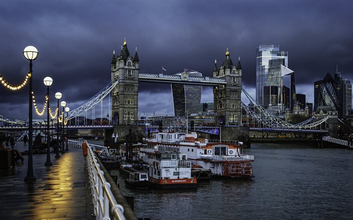 タワーブリッジ, ロンドン, 夜, 雨, テムズ川, 近代的な建物, 超高層ビル, 英語の天気, ロンドンの街並み, イングランド, イギリス