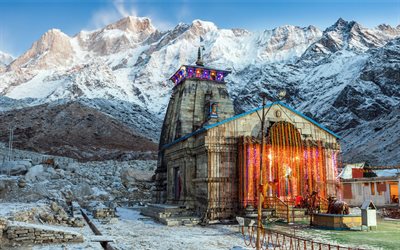 kedarnath-templet, 4k, vinter, hinduiska tempel, berg, shiva, himalaya, indien, asien, garhwal himalaya-området, indiska landmärken