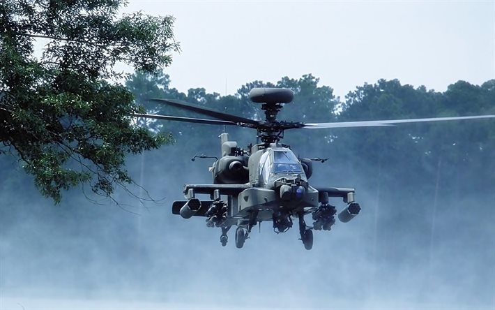 Boeing AH-64 Apache, fog, US Air Force, flying helicopters, attack helicopters, US army, military helicopters, Boeing, AH-64 Apache, aircraft