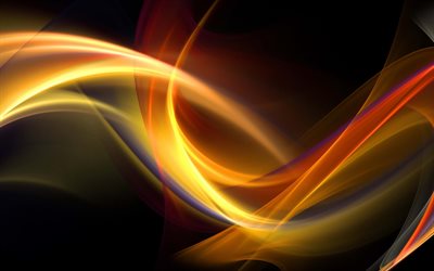 orange abstract waves, 4k, black backgrounds, abstract waves patterns, orange neon waves, background with waves, abstract waves