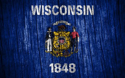 4K, Flag of Wisconsin, american states, Day of Wisconsin, USA, wooden texture flags, Wisconsin flag, states of America, US states, Wisconsin, State of Wisconsin