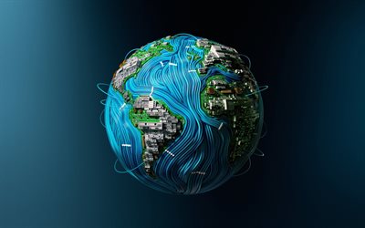 Earth, 3D globes, modern world, technology, Africa, South America, North America, continents, 3D planets, microcircuits, chips, globe from microcircuits