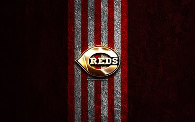 logo dorato dei cincinnati reds, 4k, sfondo di pietra rossa, mlb, squadra di baseball americana, logo dei cincinnati reds, baseball, cincinnati reds