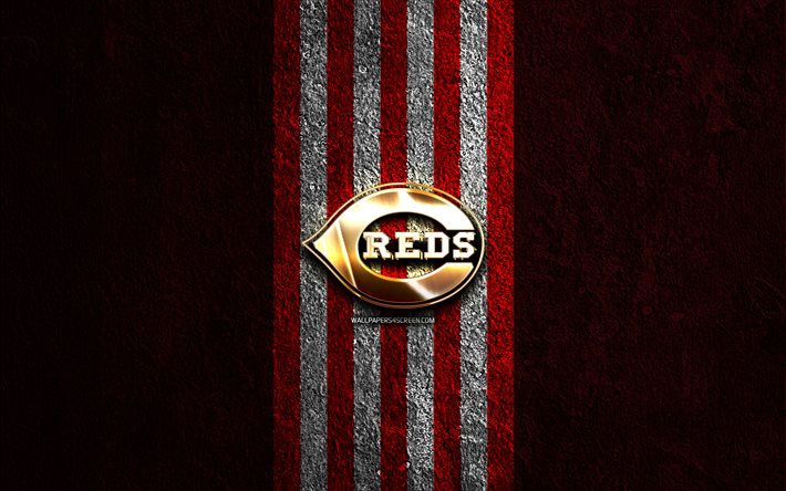 Cincinnati Reds golden logo, 4k, red stone background, MLB, american baseball team, Cincinnati Reds logo, baseball, Cincinnati Reds