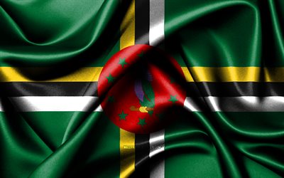 Dominican flag, 4K, North American countries, fabric flags, Day of Dominica, flag of Dominica, wavy silk flags, Dominica flag, North America, Dominican national symbols, Dominica
