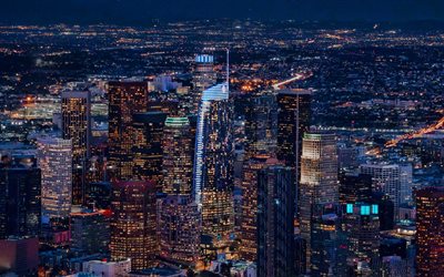 ロサンゼルス, 夜, 超高層ビル, ロサンゼルスのパノラマ, 近代的な建物, ウィルシャー グランド センター, ロサンゼルスのダウンタウン, 夜のロサンゼルス, カリフォルニア, アメリカ合衆国