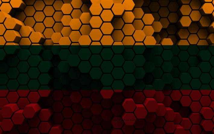 4k, bandiera della lituania, sfondo esagono 3d, bandiera della lituania 3d, giorno della lituania, struttura esagonale 3d, simboli nazionali della lituania, lituania, paesi europei