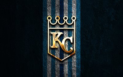 kansas city royals logotipo dorado, 4k, fondo de piedra azul, mlb, equipo de béisbol americano, logotipo de kansas city royals, béisbol, kansas city royals, kc royals