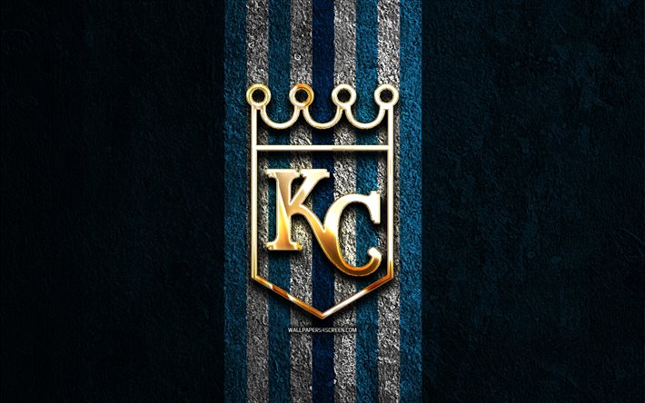Kansas City Royals golden logo, 4k, blue stone background, MLB, american baseball team, Kansas City Royals logo, baseball, Kansas City Royals, KC Royals