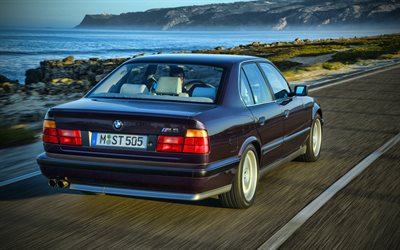 BMW M5, 4k, back view, 1989 cars, highway, E34, Black BMW M5, BMW E34, 1989 BMW M5, BMW M5 E34, german cars, BMW