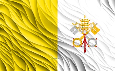 4k, Vatican flag, wavy 3D flags, European countries, flag of Vatican City, Day of Vatican City, 3D waves, Europe, Vatican national symbols, Vatican City flag, Vatican City