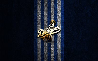 logotipo de oro de los dodgers de los ángeles, 4k, fondo de piedra azul, mlb, equipo de béisbol americano, logotipo de los dodgers de los ángeles, béisbol, dodgers de los ángeles, la dodgers