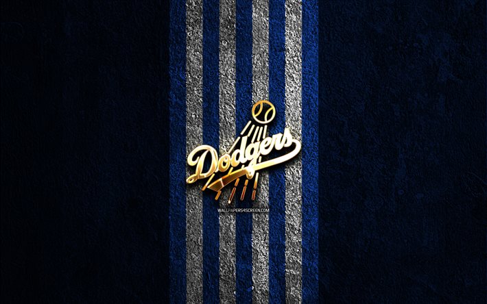 los angeles dodgers kultainen logo, 4k, sininen kivi tausta, mlb, amerikkalainen pesäpallojoukkue, los angeles dodgers logo, baseball, los angeles dodgers, la dodgers