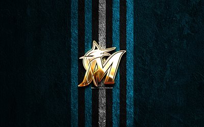Miami Marlins golden logo, 4k, blue stone background, MLB, american baseball team, Miami Marlins logo, baseball, Miami Marlins