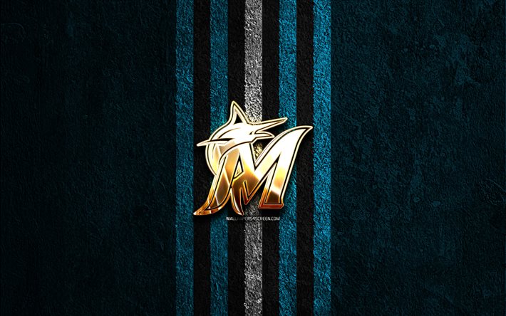 logotipo dorado de los miami marlins, 4k, fondo de piedra azul, mlb, equipo de béisbol americano, logotipo de los miami marlins, béisbol, miami marlins