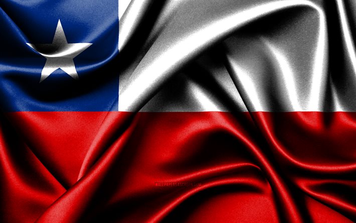 チリの旗, 4k, 南米諸国, 布旗, チリの日, チリの国旗, 波状の絹の旗, 南アメリカ, チリの国のシンボル, チリ