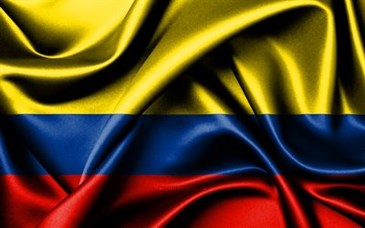 コロンビアの旗, 4k, 南米諸国, 布旗, コロンビアの日, 波状の絹の旗, 南アメリカ, コロンビアの国のシンボル, コロンビア
