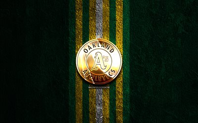 oakland athletics logo doré, 4k, fond de pierre verte, mlb, équipe américaine de baseball, logo oakland athletics, base-ball, oakland athletics