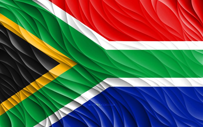4k, bandera de sudáfrica, banderas 3d onduladas, países africanos, día de sudáfrica, ondas 3d, símbolos nacionales de sudáfrica, sudáfrica