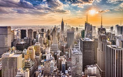 4k, New York, evening, sunset, aerial view, Empire State Building, New York panorama, New York cityscape, skyscrapers, metropolis, Manhattan, USA