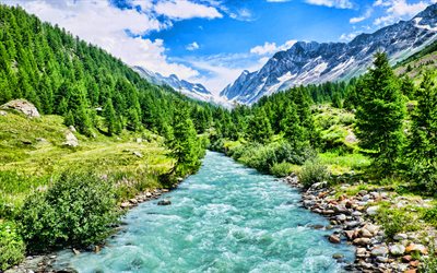 jungle river, 4k, sommar, skog, hdr, bergsflod, lotschentaldalen, blatten, schweiz, europa, berg, blå flod, vacker natur