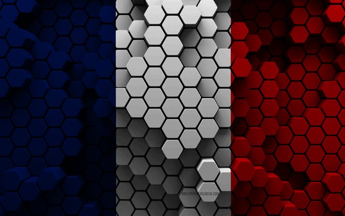 4k, bandiera della francia, sfondo esagono 3d, bandiera della francia 3d, giorno della francia, struttura esagonale 3d, bandiera francese, simboli nazionali francesi, francia, paesi europei