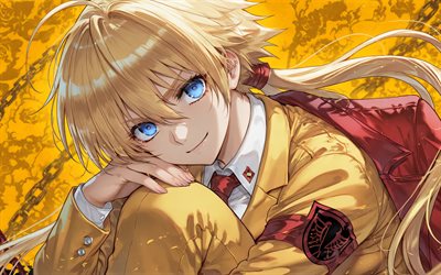 4k, victoria seras, créatif, enfer, yeux bleus, fond de grunge jaune, manga, sérasu vikutoria, manga hellsing, art victoria seras, personnages victoria seras, personnage d'alucard, alucard hellsing