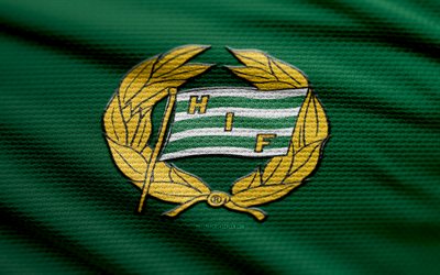 hammarby si logo en tissu, 4k, contexte de tissu vert, allsvenskan, bokeh, football, hammarby si logo, hammarby si emblème, suède, hammarby si, club de football suédois, hammarby fc