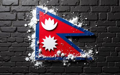 4k, bandera de nepal, muro de ladrillo negro, arte de pintar, bandera nepalí, países asiáticos, salpicaduras de pintura, obra de arte, asia, símbolos nacionales nepaleses, nepal 3d bandera, nepal