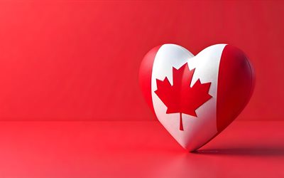 4k, amo a canadá, minimalismo, fondo 3d rojo, creativo, día de canadá, bandera de canadá, corazón con bandera canadiense, corazones 3d, bandera canadiense, canadá, amor por canadá