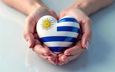 I love Uruguay, 4k, 3d heart like Uruguay flag in hands, travel to Uruguay, heart in hands, heart like Uruguay flag, flag of Uruguay, Day of Uruguay, Love for Uruguay