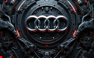 Audi metal logo, 4k, bokeh, black mechanical backgrounds, cars brands, Audi 3D logo, creative, Audi logo, Audi