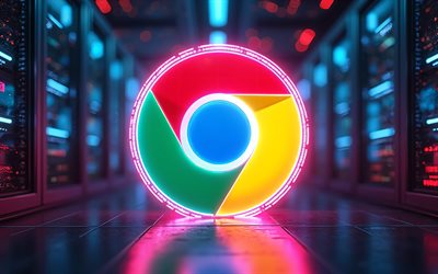 4k, Google Chrome neon logo, bokeh, browsers brands, datacenter racks, artwork, Google Chrome logo, darkness, brands logo, Google Chrome, brands, Google Chrome colorful logo