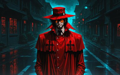 alucard, 4k, noche, infierno, impermeable rojo, conde drácula, manga, dorakyura, manga infernal, personaje de alucard, arte de alucard, personajes infernales, alucard hellsing