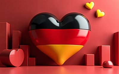 4k, أنا أحب ألمانيا, خوخه, خلفية ثلاثية الأبعاد, يوم ألمانيا, علم ألمانيا, القلب مع العلم الألماني, قلوب ثلاثية الأبعاد, خلفية ثلاثية الأبعاد الملونة, العلم الألماني, ألمانيا, حب ألمانيا